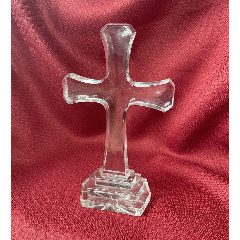 Julia Hand Cut Handmade Crystal Christian Cross Figurine on Pedestal Stand Base